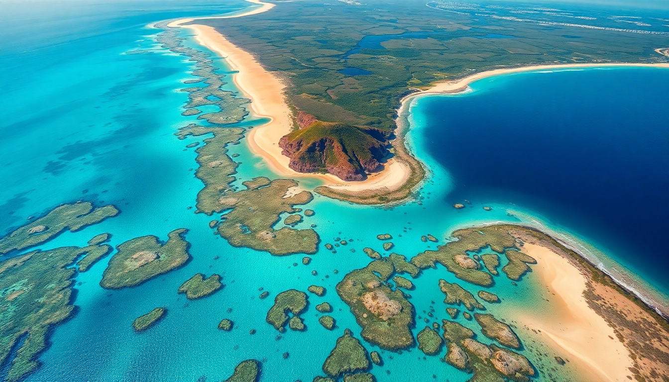 Captivating aerial view of Australia's natural beauty with the Great Barrier Reef and golden beaches.