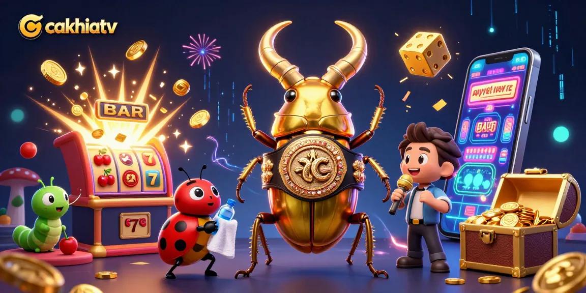 CakhiaTV showcases a vibrant 3D scene of a boxing beetle champion amidst a jackpot explosion.
