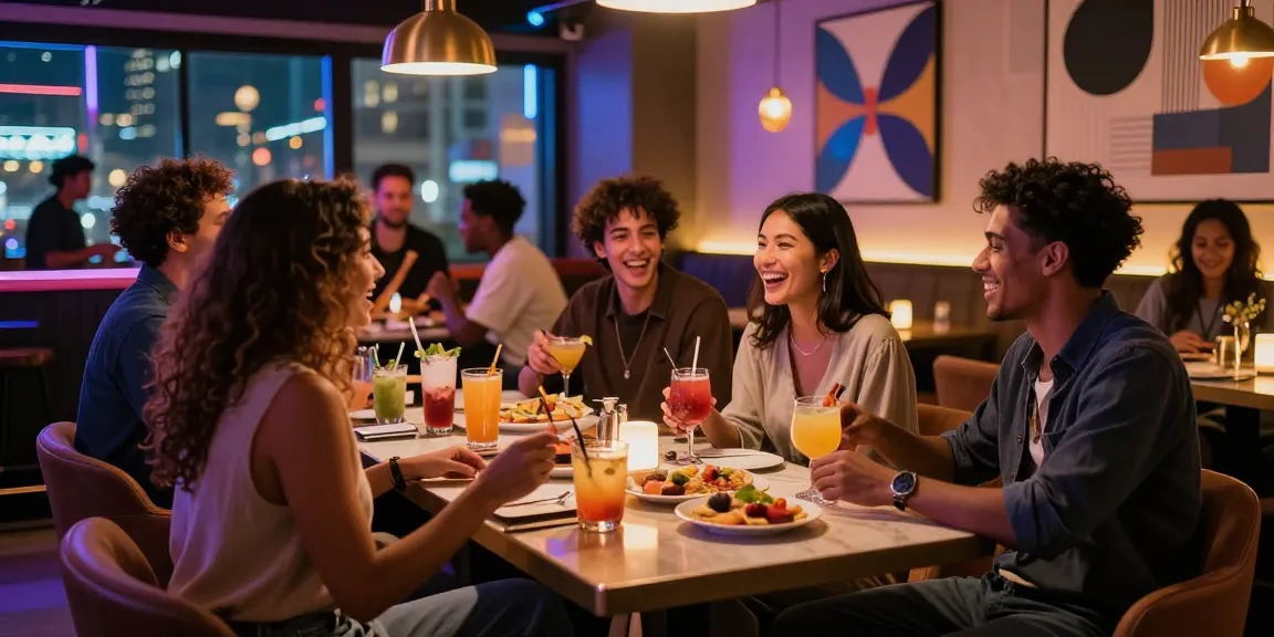 Social group enjoying in a lively 유흥사이트 atmosphere with colorful drinks and urban decor.