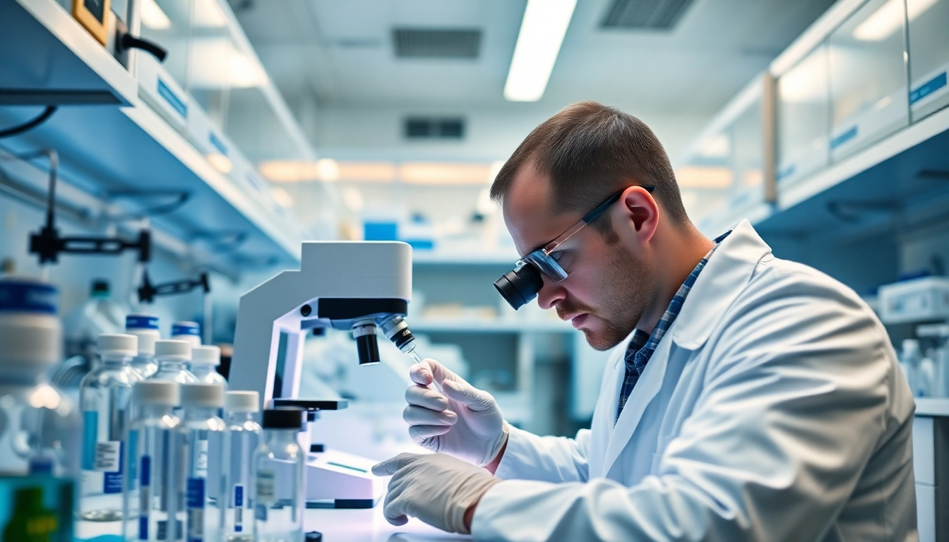Scientist analyzing peptide samples in a modern lab at peptideprice, showcasing advanced research techniques.