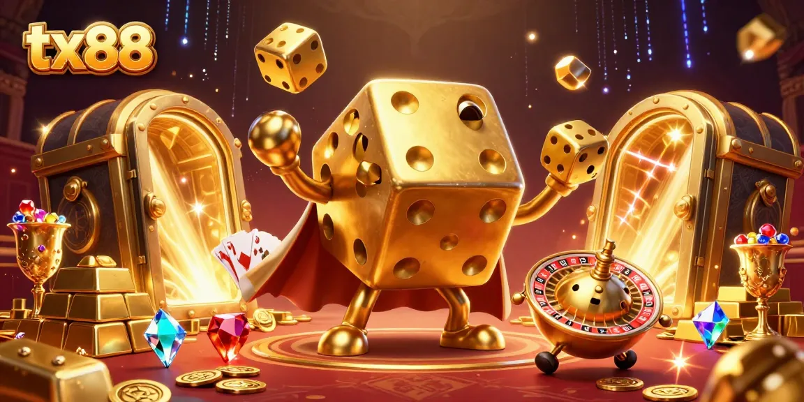 Join the tx88 excitement with amazing golden dice, treasures, and a vibrant casino scene.