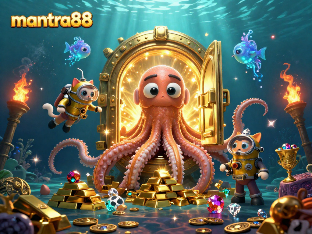 Experience thrilling gaming with mantra88's fantastical treasure scene, showcasing casino dynamics and underwater wonders.
