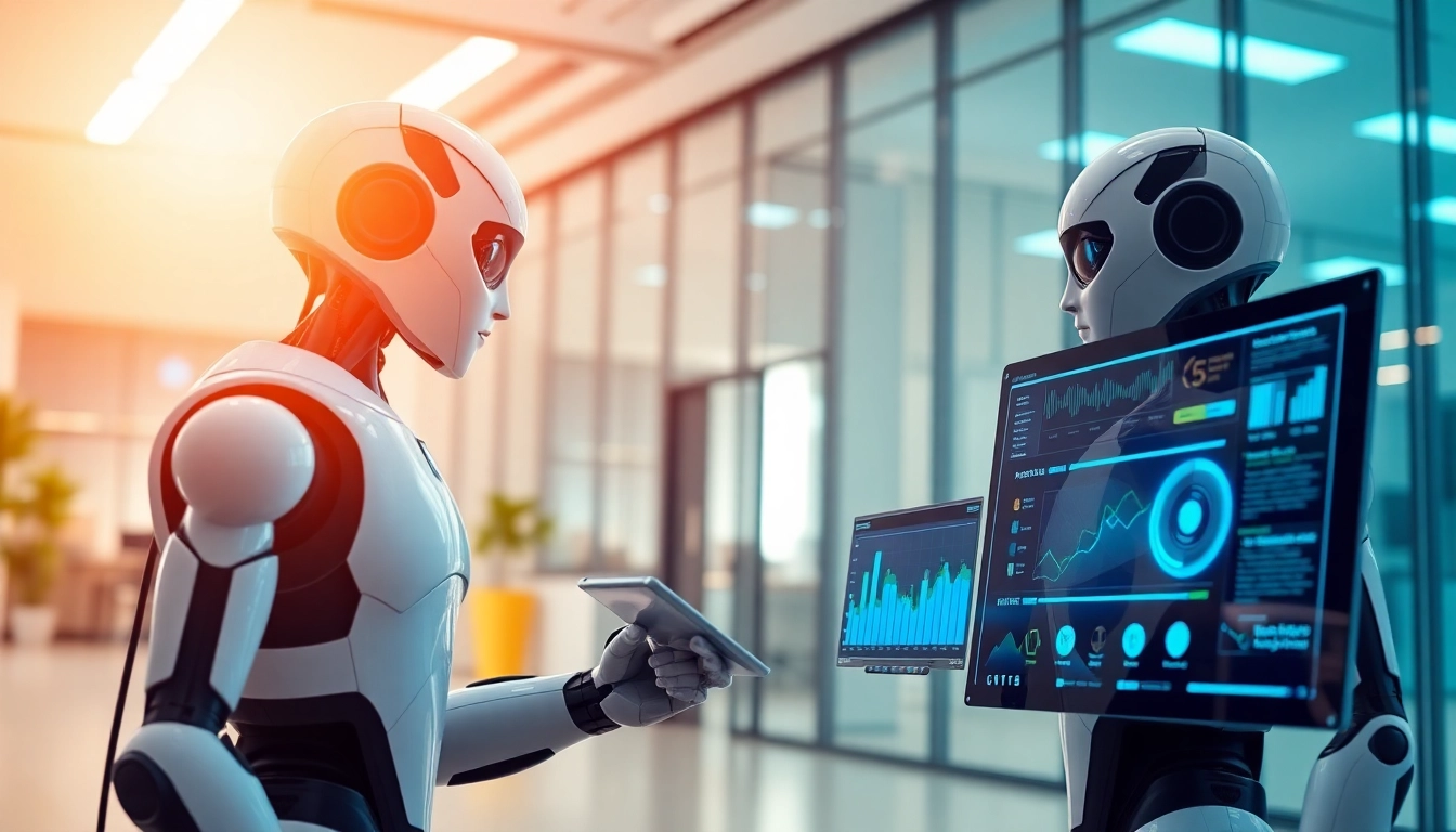 Ai Bots assisting in a modern office environment, showcasing technology integration.