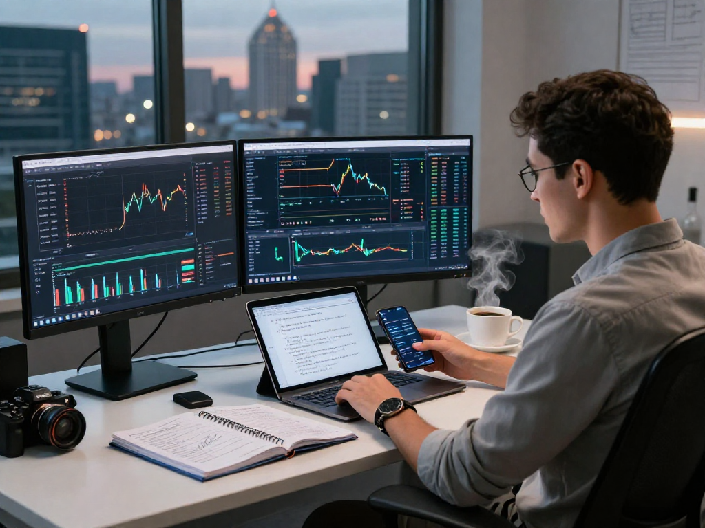 Espacio de trabajo con tecnología avanzada en el que se muestra el software Immediate Edge en múltiples pantallas, reflejando el análisis de criptomonedas.