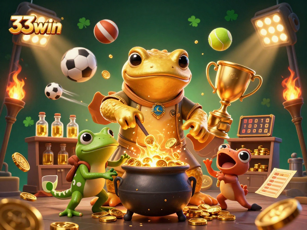 33win captures the excitement of sports betting, showcasing a golden salamander alchemist and sports elements.
