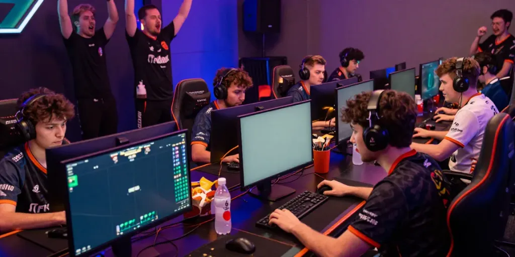 Intense eSports gamers engaged in FIFA 26 tournament with latest squad update changes displayed on screens.