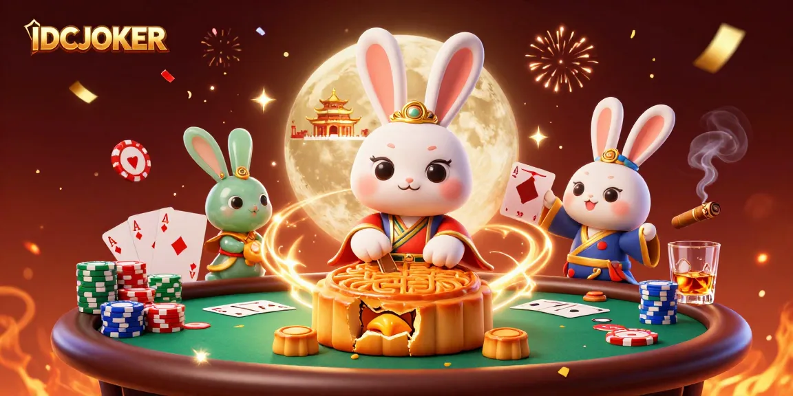 IDCJOKER's vibrant 3D scene showcases the moon rabbit celebrating with poker chips and golden mooncakes, perfect for game lovers.