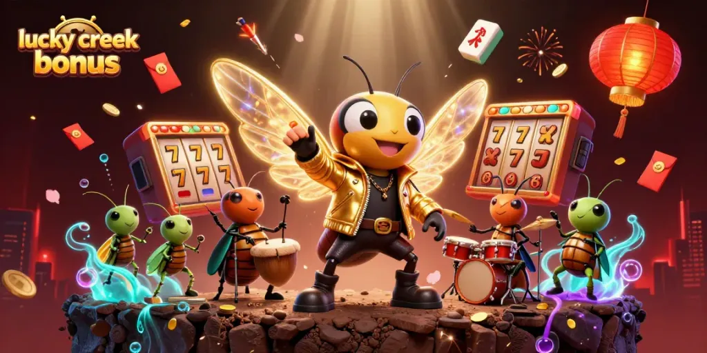 Experience the lucky creek bonus with a vibrant illustration of a rock star cicada and lively casino elements.