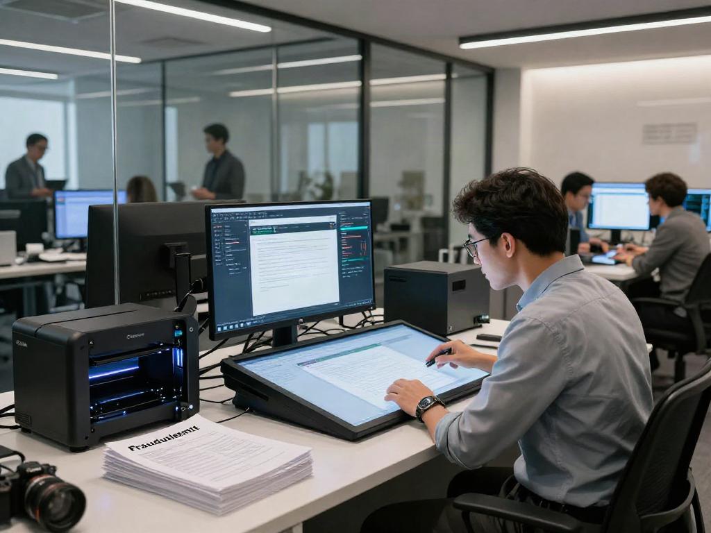 Document fraud detection process in a high-tech office with data analyst reviewing digital verification.
