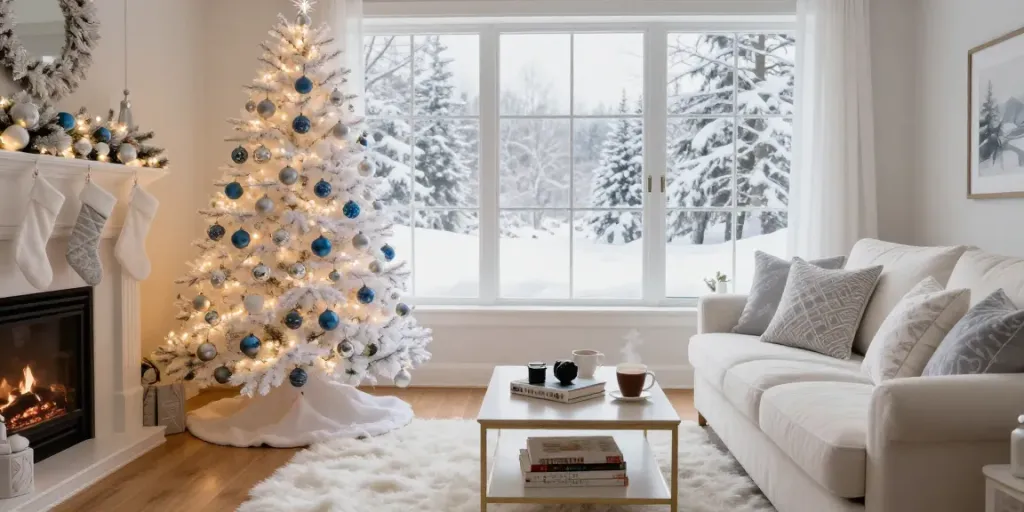 Beautiful white tree xmas adorned with silver decorations in a cozy living room.