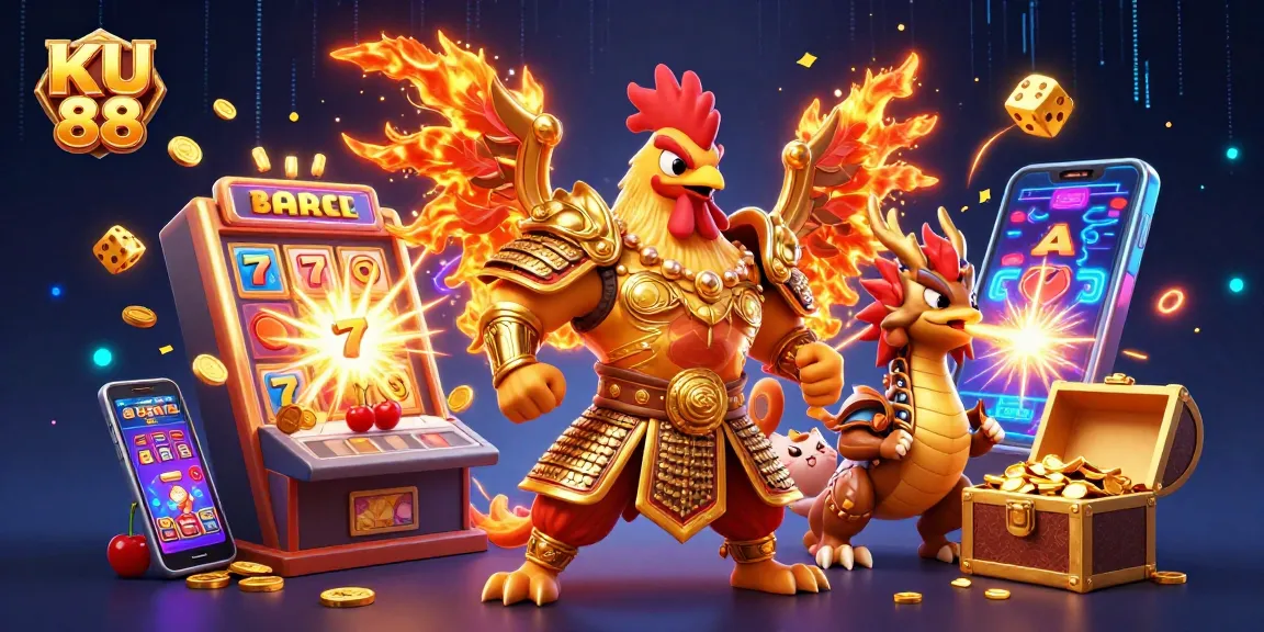 Play slots at KU 88 with a thrilling scene showing gold jackpots and vibrant characters.