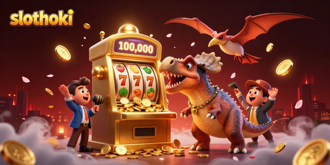 slothoki menghidupkan momen besar, dinosaurus mendapatkan jackpot dari mesin slot dalam ilustrasi 3D yang menarik.