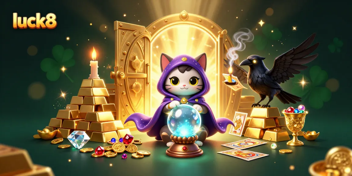 Engage in epic gaming adventures with luck8, featuring a lively mystic cat and tarot raven.