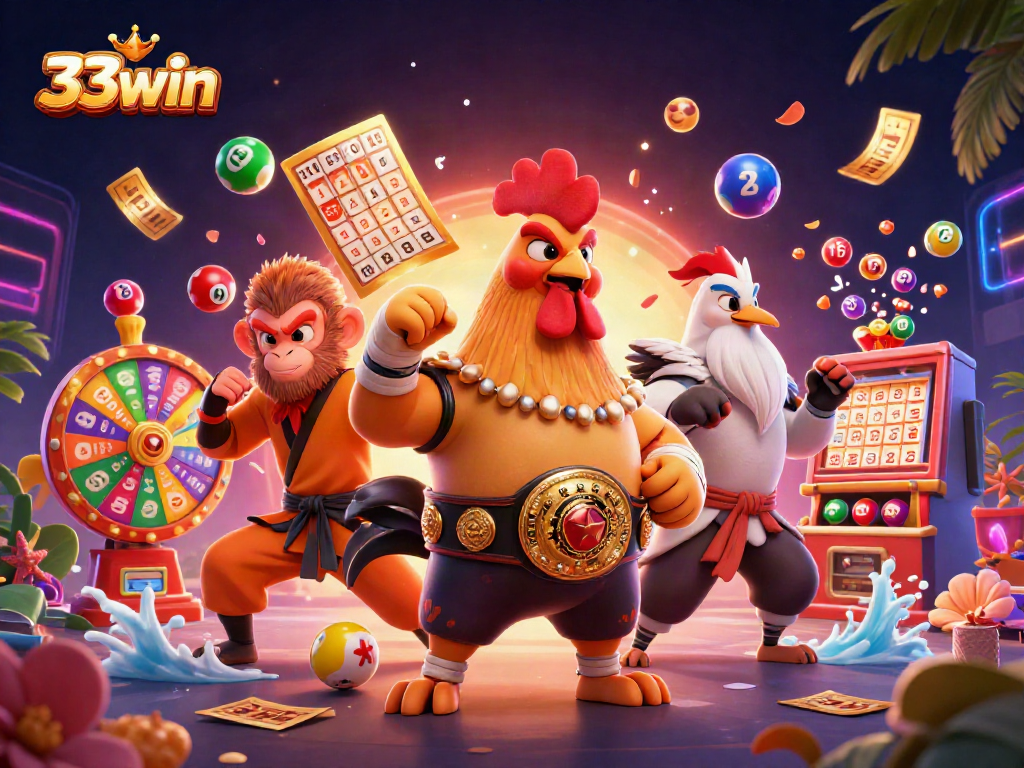 Engage with 33win in this dynamic 3D casino scene featuring luck and excitement.