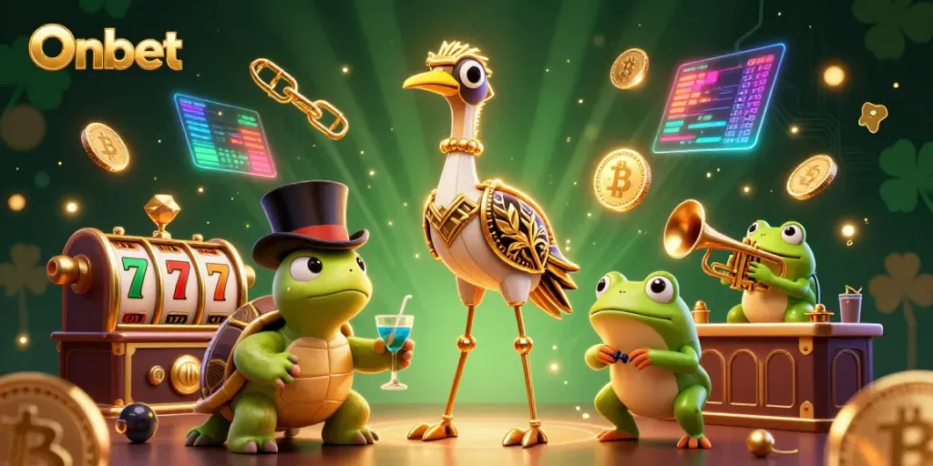 Experience the vibrant Onbet casino world with dynamic characters and slot elements bursting with excitement.