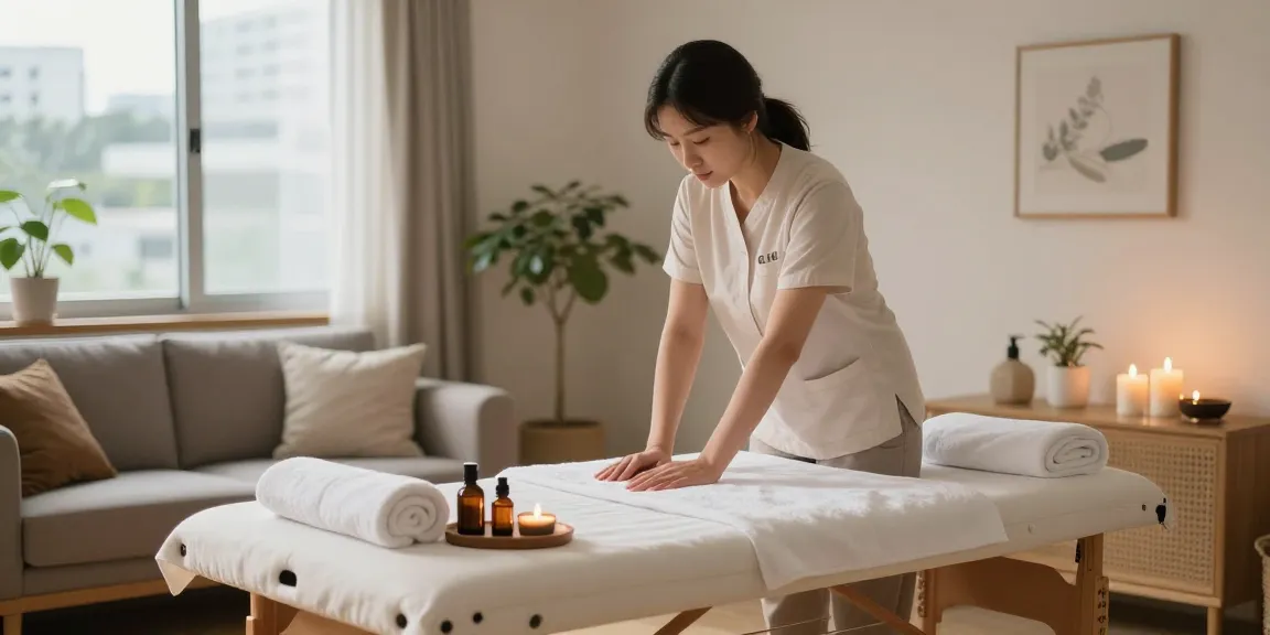 Experience soothing 구리출장안마 with calming home spa ambiance featuring a massage therapist and serene decor.