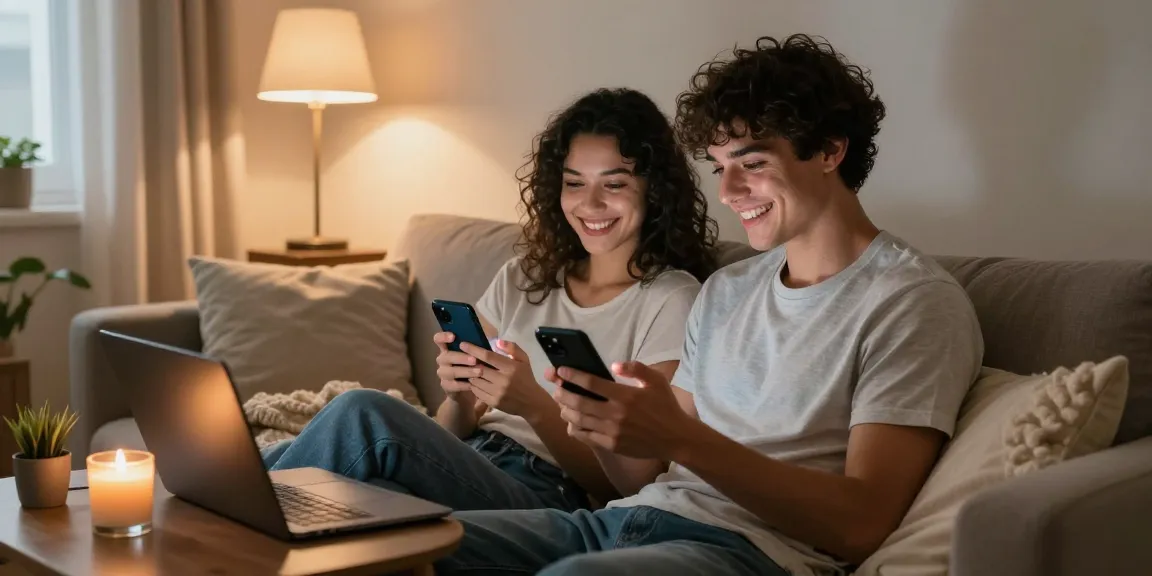Young couple enjoying ai sexting in a cozy home office, conveying intimacy and connection.