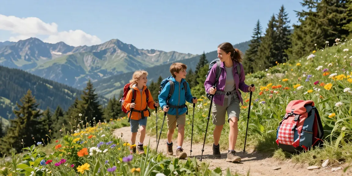 Family hiking adventure scene highlighting mantra88 outdoor experiences with scenic mountain views.
