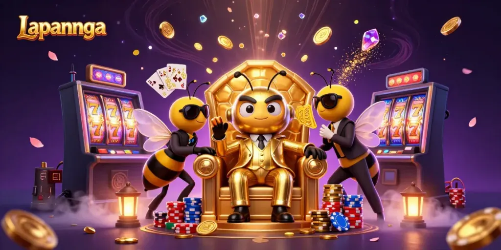 Experience the surprises of Lapannaga with animated characters, golden coins, and sparkling gems in a lively casino scene.