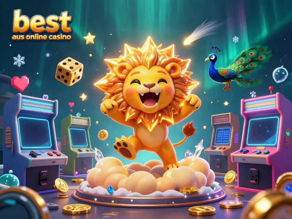 The best aus online casino scene featuring a triumphant lion, vibrant game elements, and glowing dice.