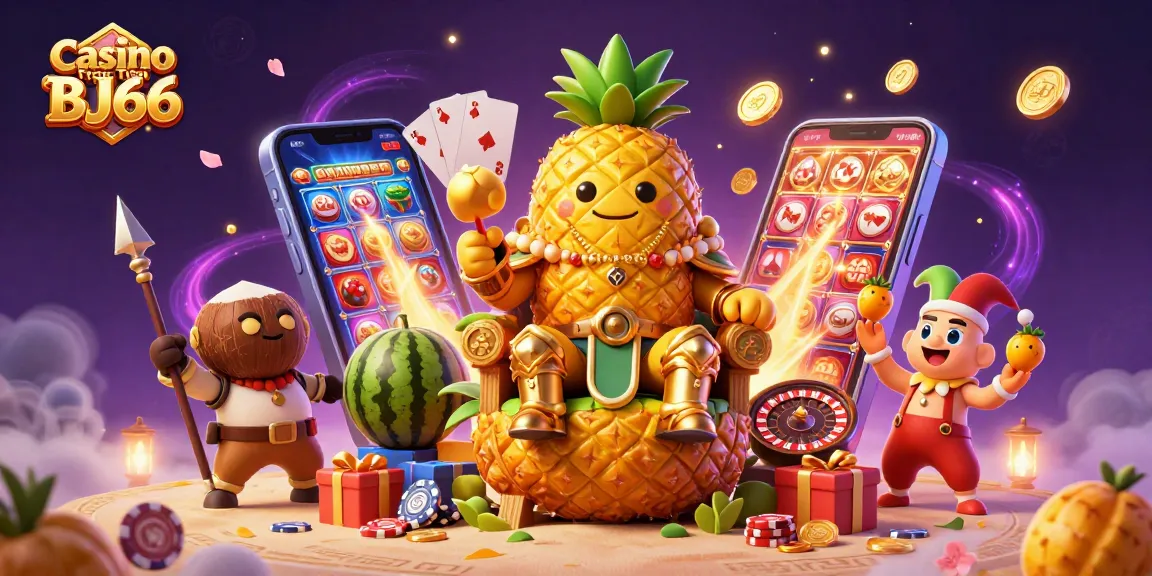 Trải nghiệm vận may tại Casino Trực Tuyến BJ66 với hình ảnh hoàng tử dứa vàng và các hoạt động cá cược thú vị.