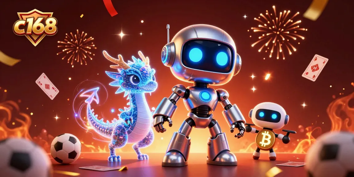 Bet on c168 with a futuristic robot, holographic dragon, and drone showcasing sports betting excitement.