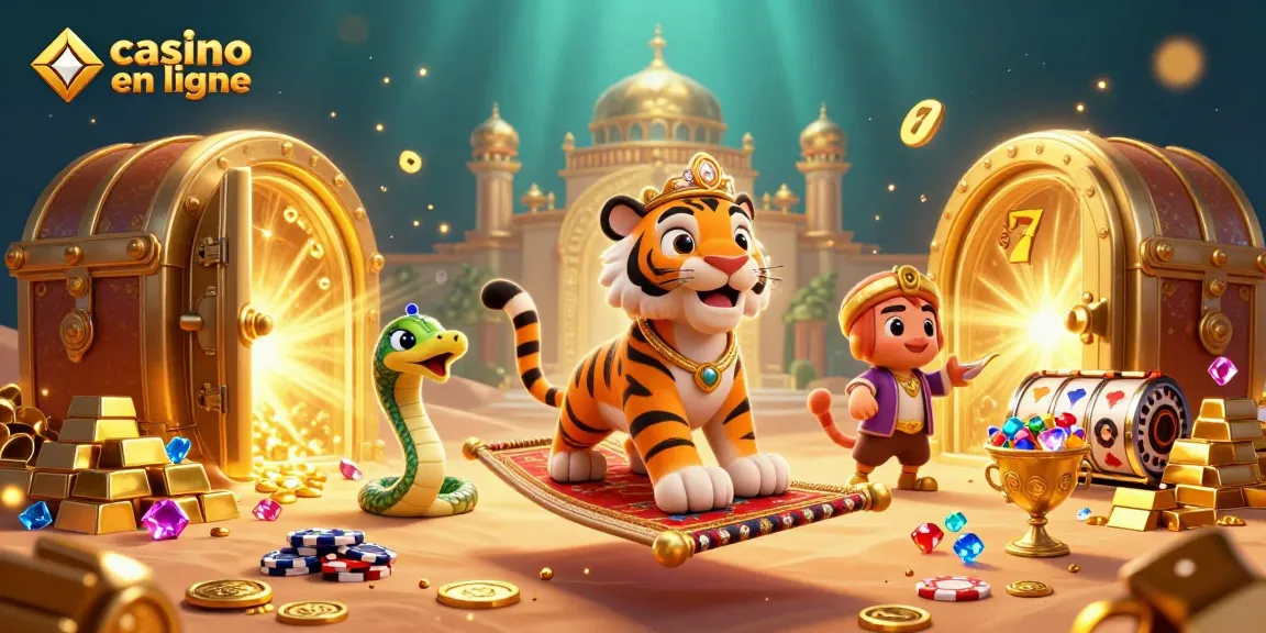 Profitez des jeux de hasard avec "casino en ligne" et un tigre sultan mystique au cœur d'une scène riche en or.