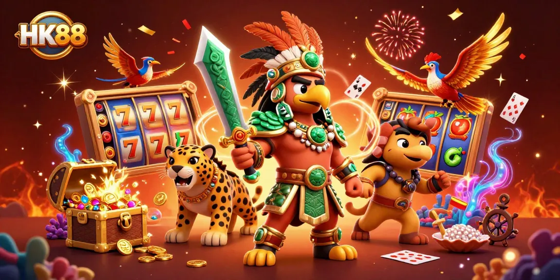 HK88 slots scene with an Aztec eagle warrior and jackpot elements, celebrating casino fun.