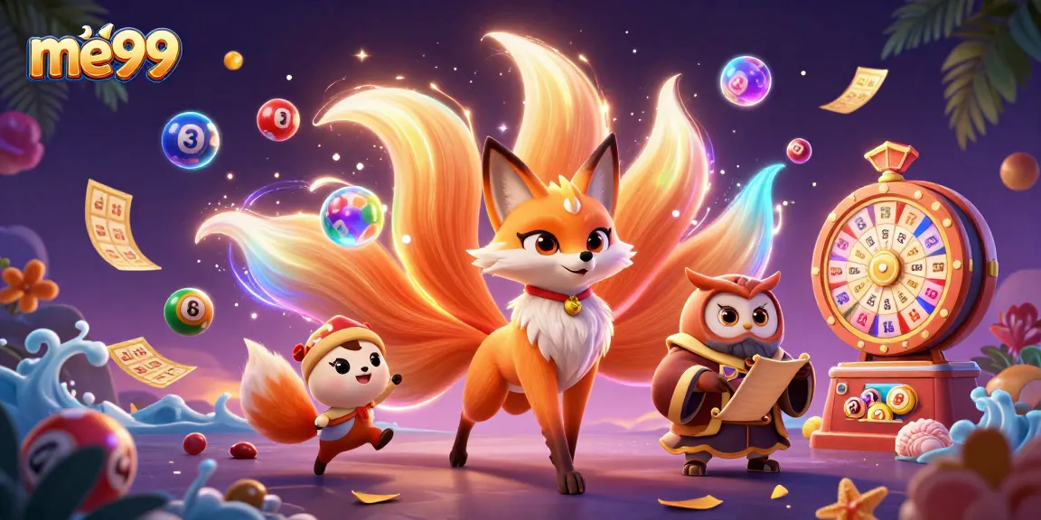 Engage with the vibrant games at me99, featuring a lively fox spirit and a wise owl surrounded by colorful lottery elements.