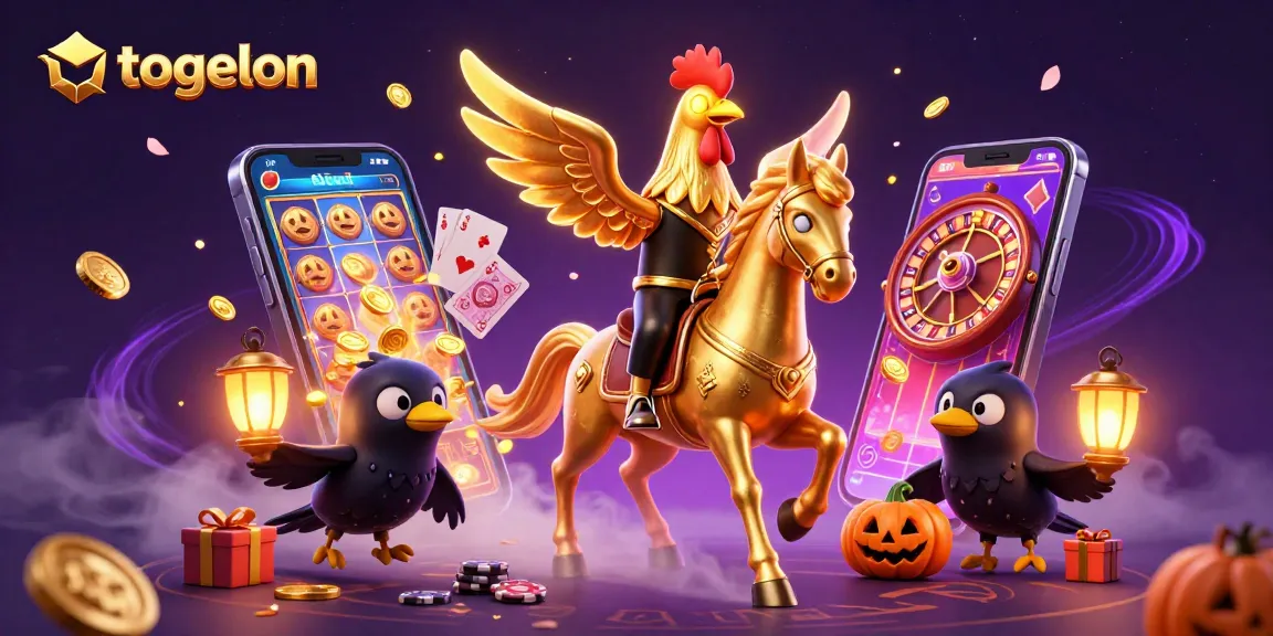 Togelon presents a thrilling scene with a golden rooster and mystical elements in a vibrant casino atmosphere.