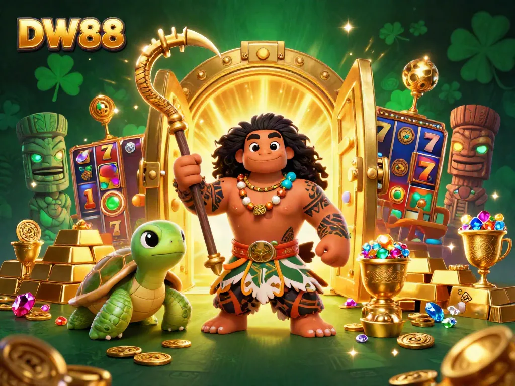 Experience thrilling gaming with DW88 in this vibrant 3D casino illustration featuring dynamic characters and rich treasures.