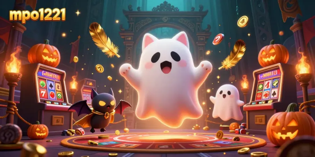 Experience mpo1221 with a playful ghost cat and vampire bat amidst vibrant slot machines and casino imagery.