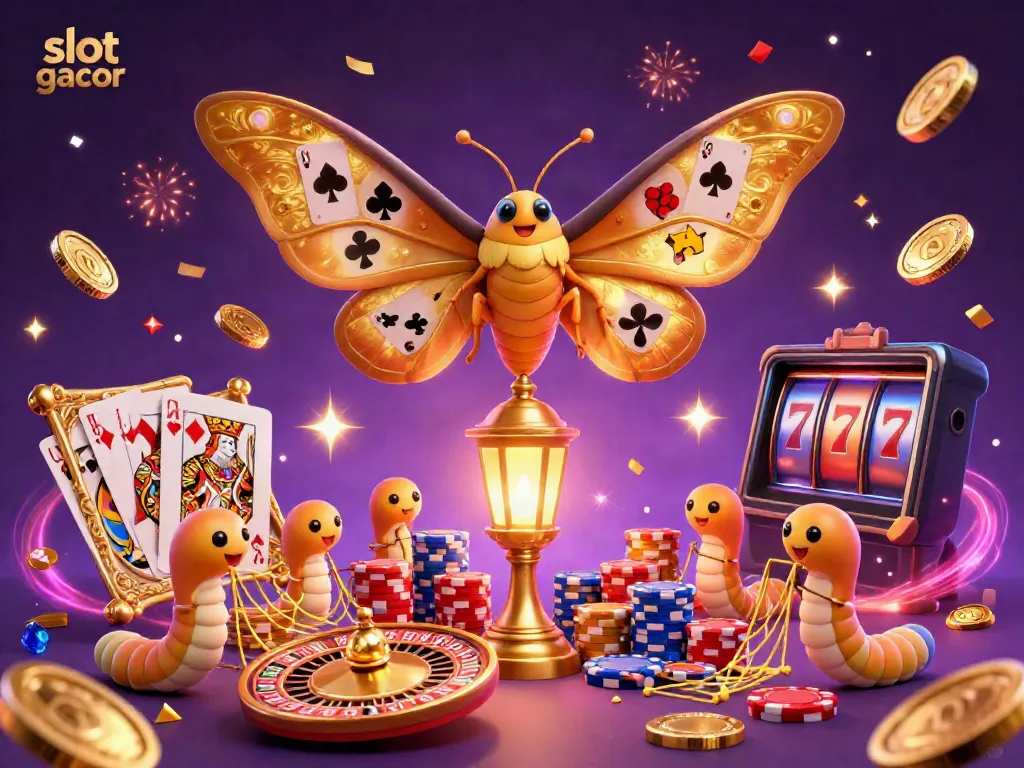 Experience slot gacor in a dynamic casino scene with golden moths, vibrant coins, and spinning reels.