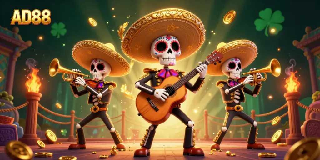 Place bets at AD88 with a vibrant mariachi band surrounded by casino elements and festive decorations.