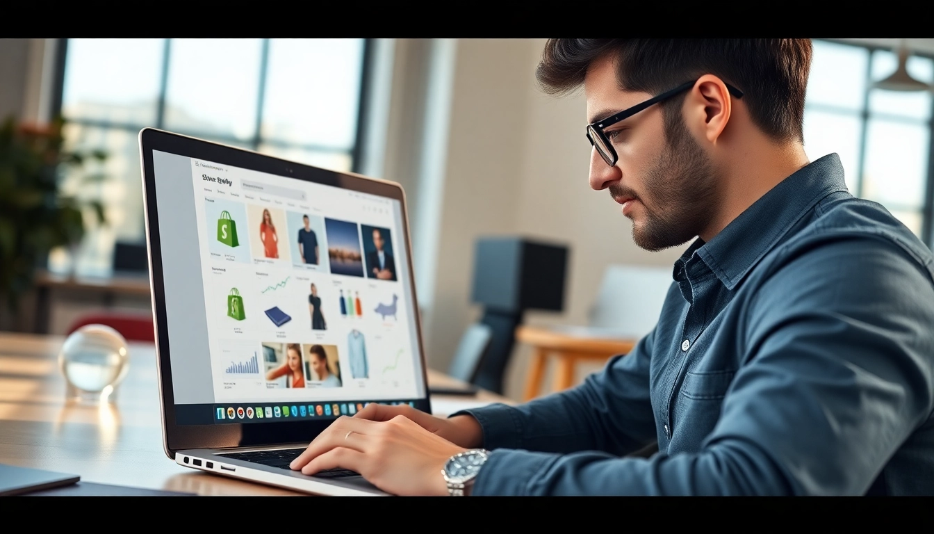 Expert in Custom Shopify development working on a laptop with eCommerce elements around.