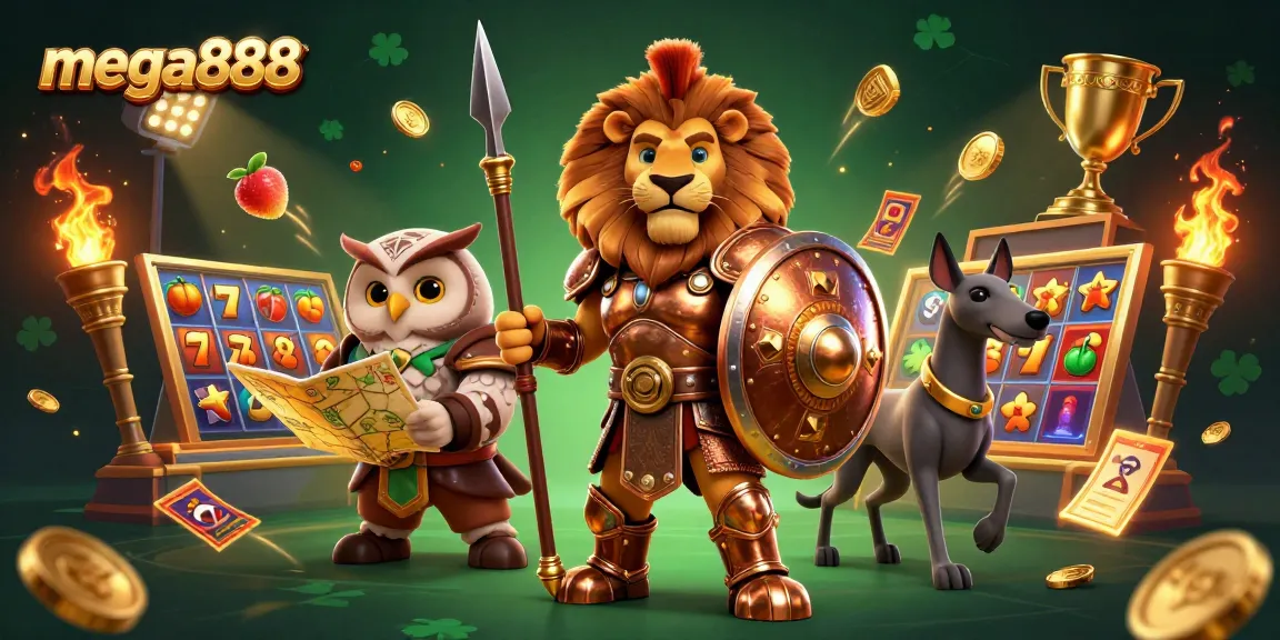 Experience winning with mega888 through an engaging slots scene, featuring dynamic characters and casino elements.