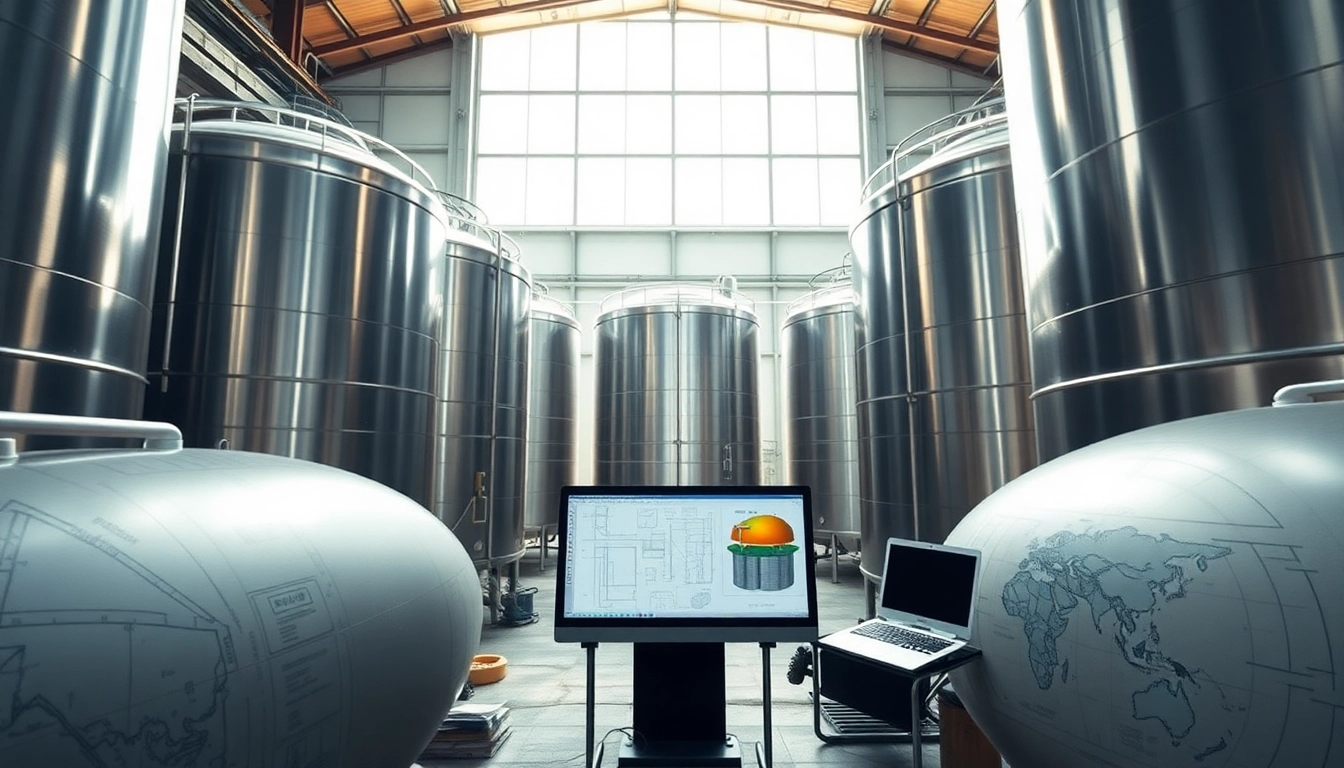 Showcasing Above-Ground Storage Tank Design with industrial tanks and blueprints in a bright setting.