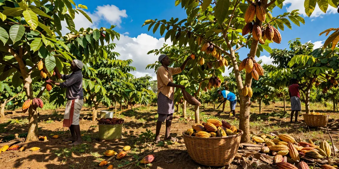 Cocoa farmers harvesting ripe m98 pods under sunny skies, showcasing agricultural dedication.