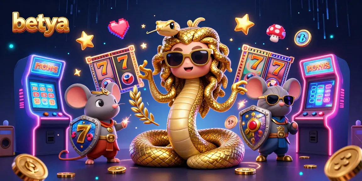 Engage with betya's exciting slot games, featuring Medusa, a warrior mouse, and vibrant casino elements.
