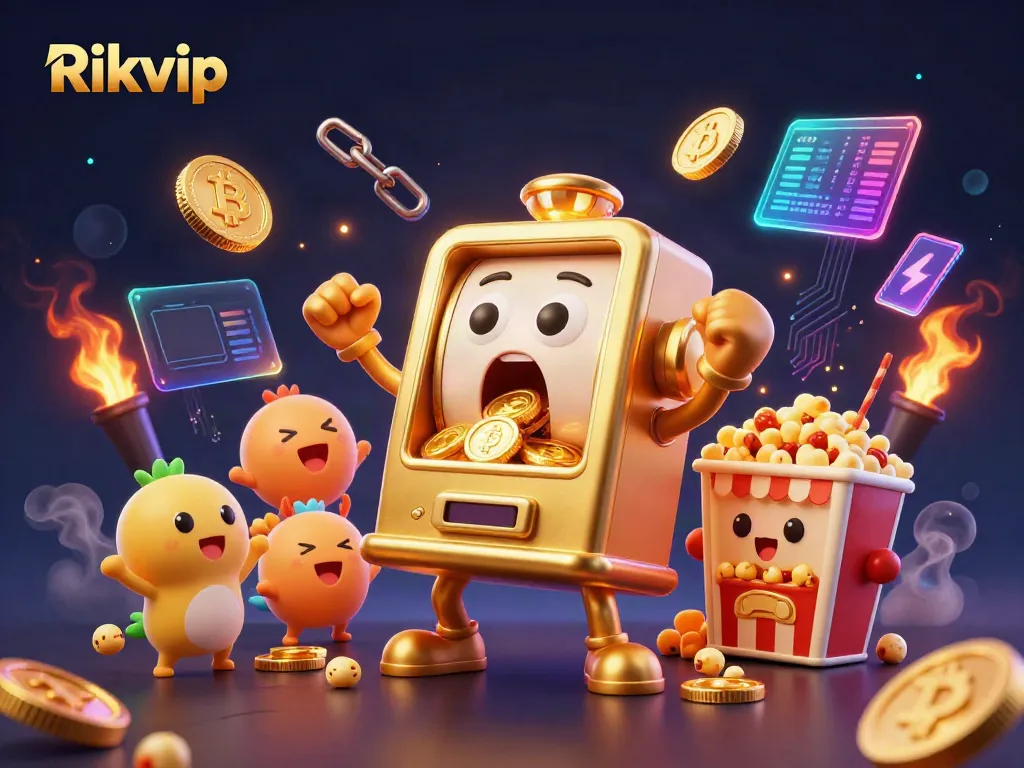 Engaging Rikvip-themed scene with a golden slot machine celebrating a jackpot amid Bitcoin and Ethereum coins.