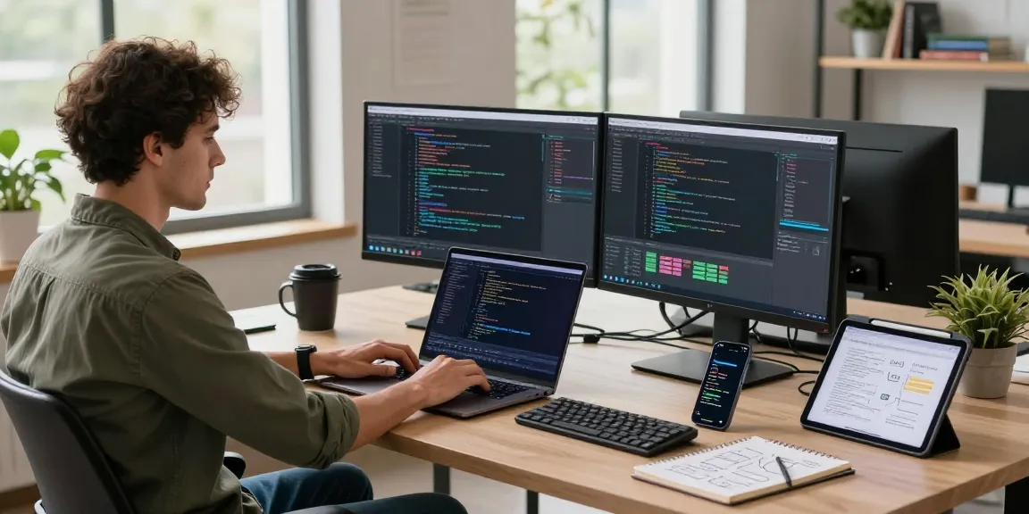 Developer coding in modern tech workspace with bdtjl tools and gadgets around