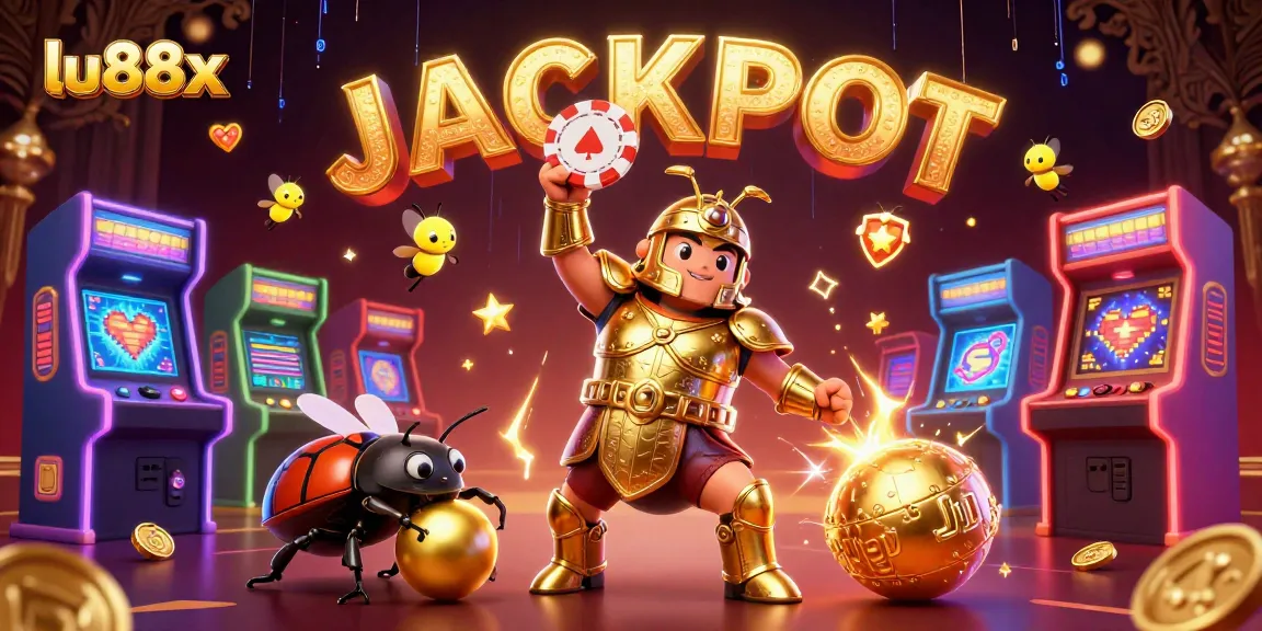 Engage with lu88x in a striking 3D scene of beetles celebrating victory amidst casino elements.