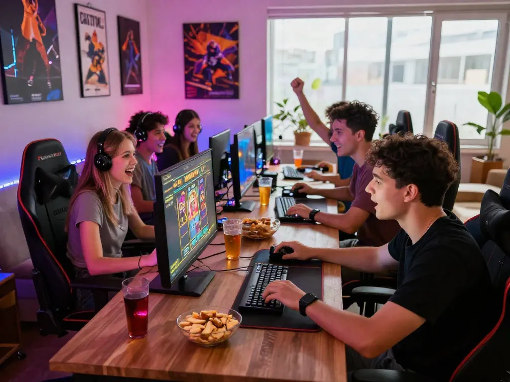 Friends enjoying a slot gacor game in a lively gaming room atmosphere.