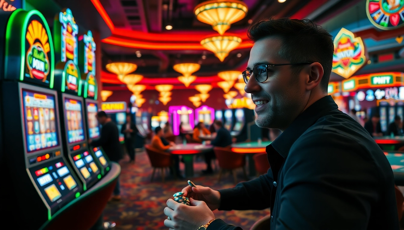 Memainkan bbni4d dengan slot mesin yang penuh warna dan pemain antusias di kasino.