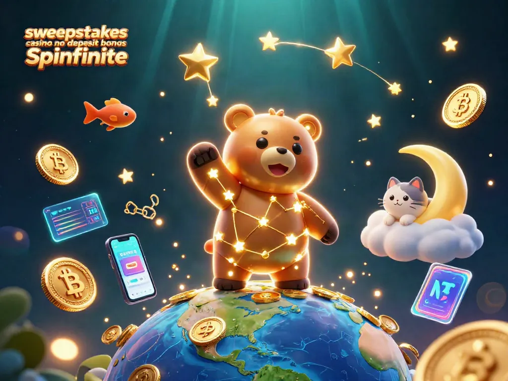 Experience the sweepstakes casino no deposit bonus spinfinite in a vibrant cosmic gaming scene, engaging players with golden coins.