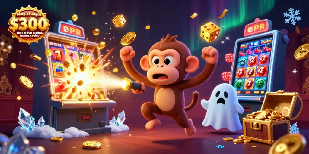 Engaging scene of slots of vegas $300 no deposit bonus codes featuring a ghost-hunter puppy tracking a mischievous monkey in a vibrant casino.