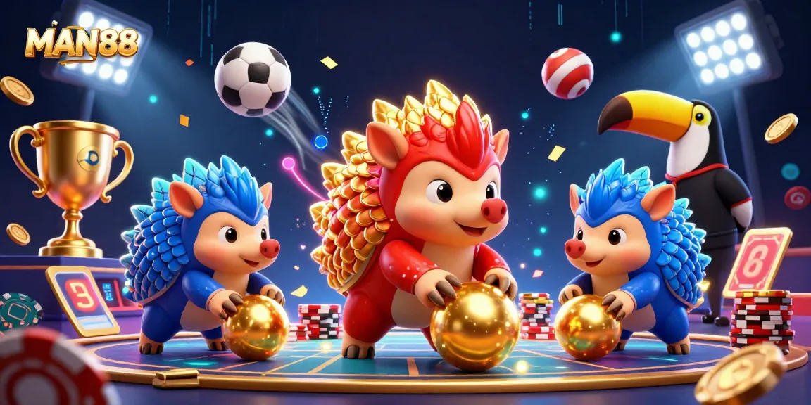 MAN88 pangolins compete in a vibrant casino scene filled with golden coins and poker chips.