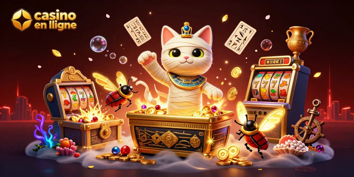 Illustration dynamique de casino en ligne avec un chat momie égyptien, pièces d'or, et des cartes flottantes.