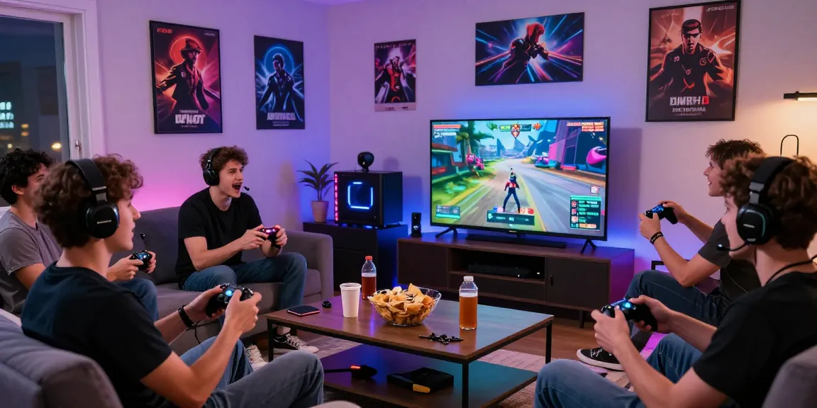 ネットオリパのおすすめを体験するゲーマーたちが集まる居心地の良いリビングルームのシーン