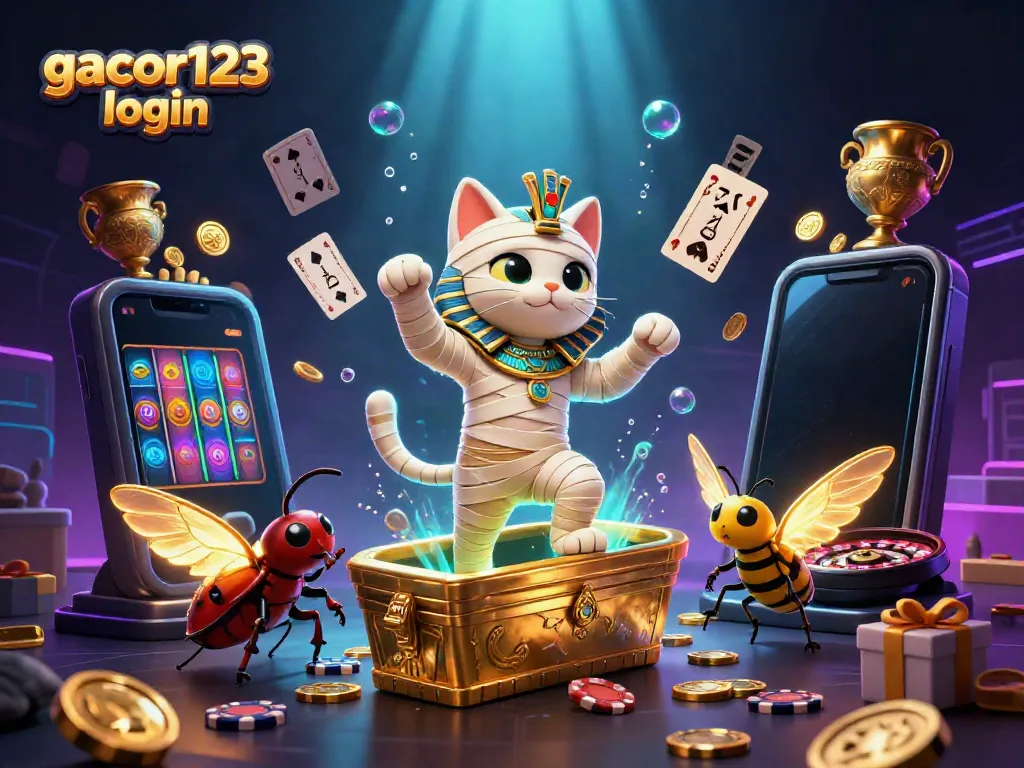 Experience the thrill of gacor123 login with an energetic casino scene featuring a mummy cat and glowing scarab.